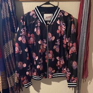 Arizona Jean Company Women's Floral Bomber Jacket - Black and Pink